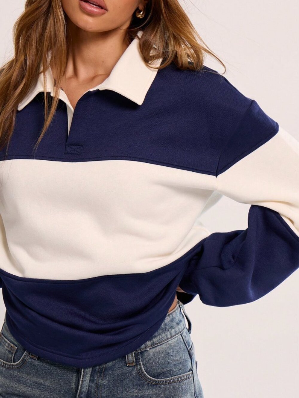 Navy Blue Casual Women's Striped Jersey Sweatshirt - Picture 5 of 5